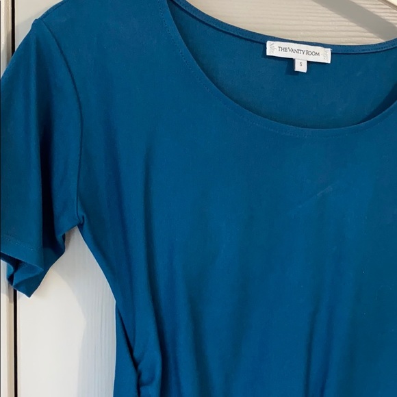 Ruched Asymmetrical Teal Dress - Picture 3 of 4